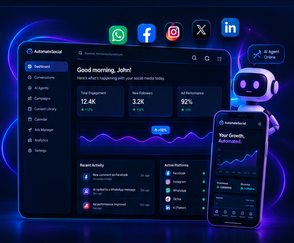 AutomateSocial AI Dashboard and Mobile App Showcase